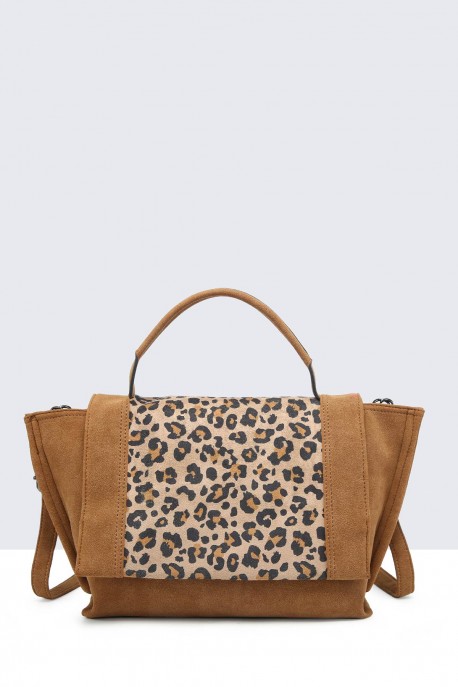 28853-BV Synthetic nubuck effect leopard tote bag with flap : colour:Brown