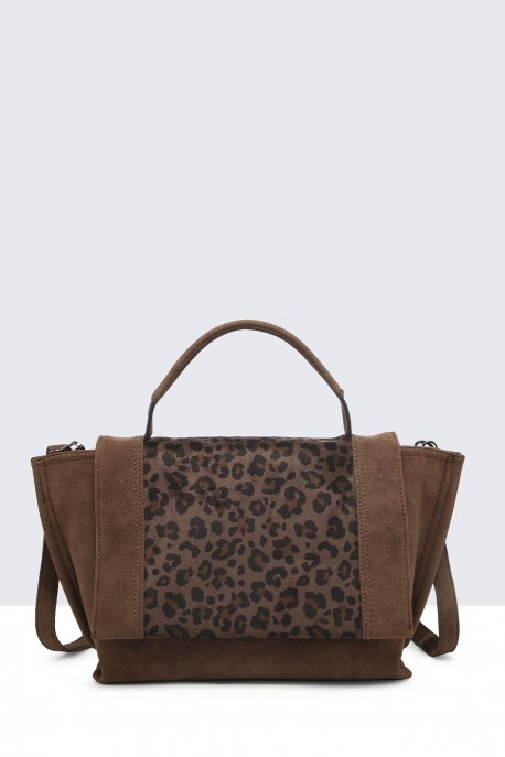 28853-BV Sac cabas léopard synthétique effet nubuck avec rabat : couleur:Caf&eacute; (Coffee)