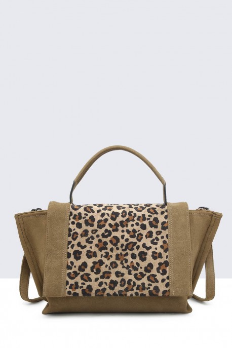 28853-BV Sac cabas léopard synthétique effet nubuck avec rabat : couleur:Taupe