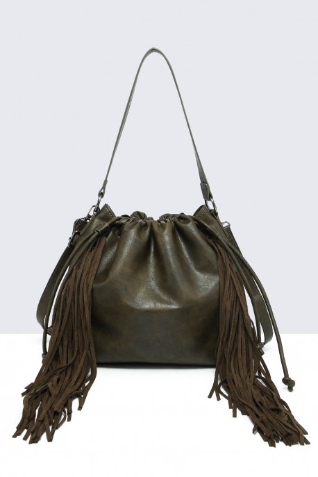 60029-BV Bohemian-style shoulder bag with fringe : colour:Green