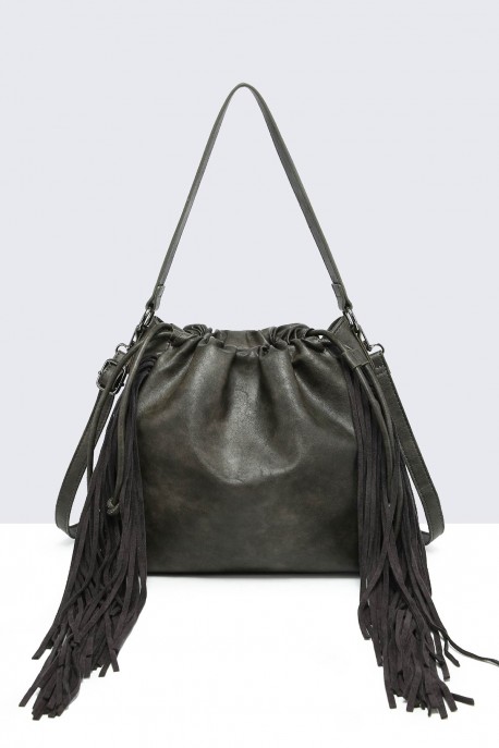 60029-BV Bohemian-style shoulder bag with fringe : colour:Grey