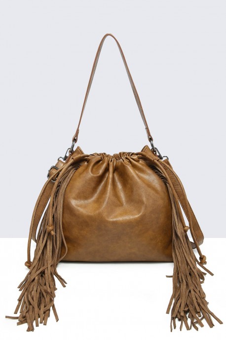 60029-BV Bohemian-style shoulder bag with fringe : colour:Soil