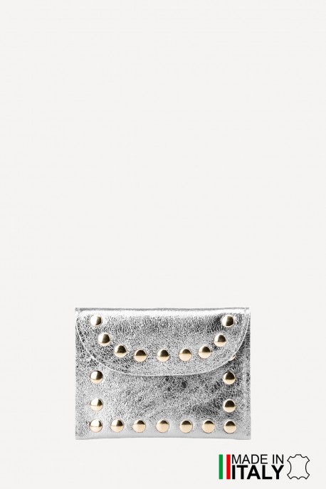 Porte-monnaie Pochette cuir métallisé avec clous rivet ZE-8007-MT : Couleur:Argent&eacute; (L002/L-513)