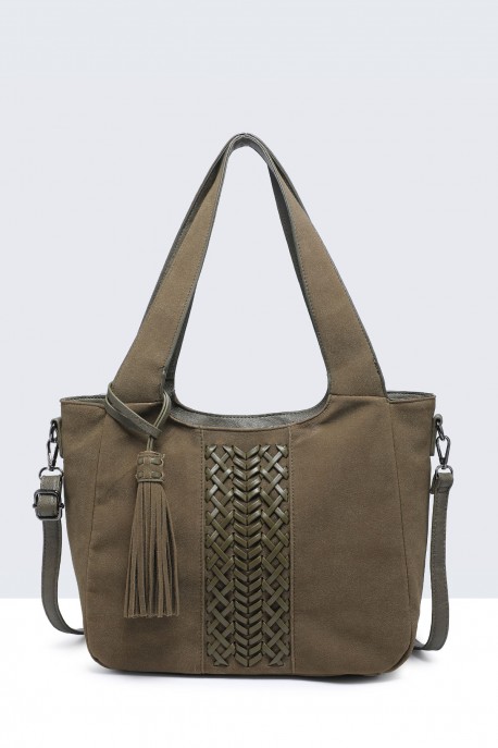 28889-BV Nubuck-effect shoulder handbag with braided design : colour:Green