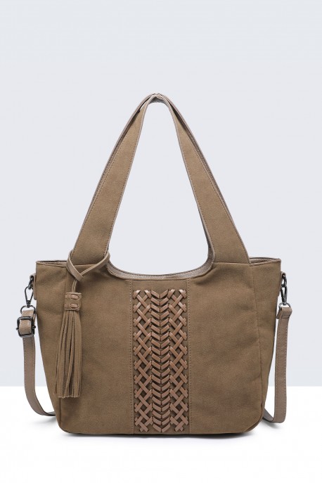 28889-BV Nubuck-effect shoulder handbag with braided design : colour:Taupe