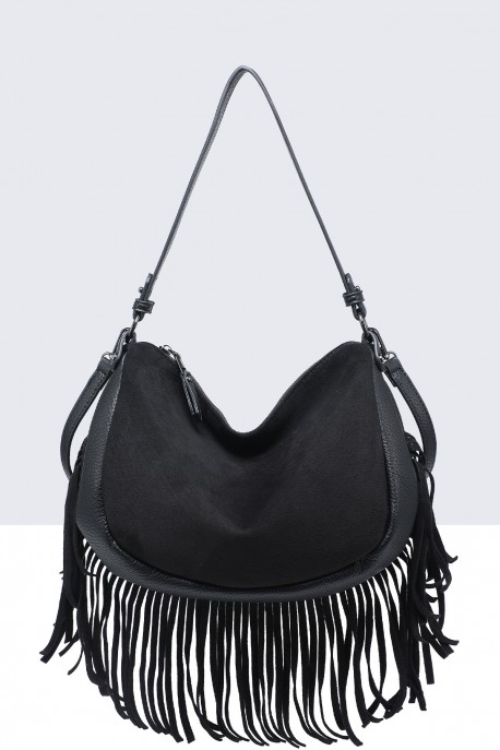 33004-BV Sac à main épaule effet nubuck avec franges