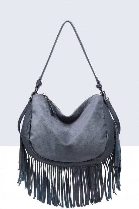 33004-BV Sac à main épaule effet nubuck avec franges : couleur:Bleu (Blue)