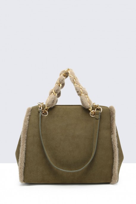 60027-BV Handbag with synthetic fur trim : colour:Green