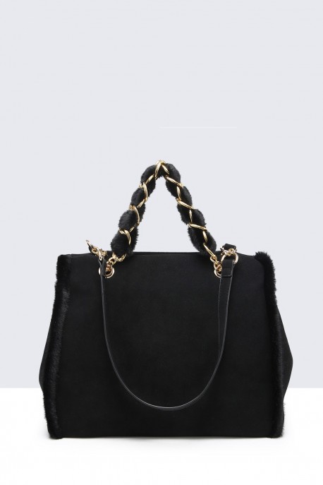 60027-BV Handbag with synthetic fur trim : colour:Black