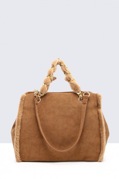 60027-BV Handbag with synthetic fur trim : colour:Brown