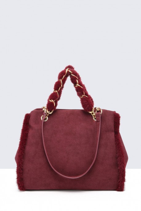 60027-BV Handbag with synthetic fur trim : colour:Wine