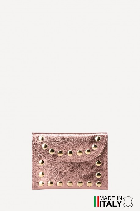 Porte-monnaie Pochette cuir métallisé avec clous rivet ZE-8007-MT : Couleur:Or Ros&eacute; (L-547/L012)