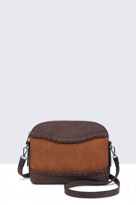 28911-BV Sac à bandoulière effet nubuck avec bordure lacée : couleur:Marron (Brown)