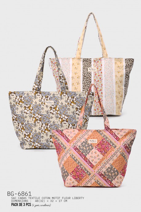 BG-6861 Large cotton textile tote bag with pattern : colour:Pack of 3