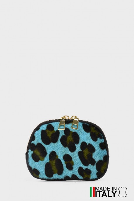 ZE-8006-LM-DG-FLP002 Leather Round brioche purse in leopard pattern printed on furry skin