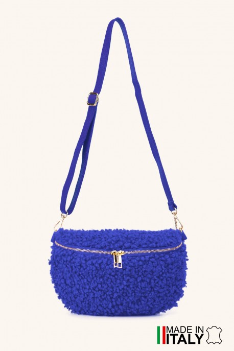 Synthetic sheepskin wool small size fanny pack with leather shoulder strap ZE-9011-VQ : colour:Sapphire