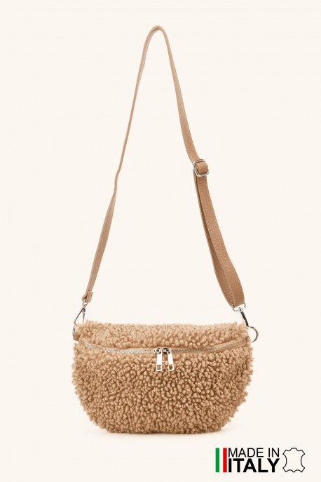 Synthetic sheepskin wool small size fanny pack with leather shoulder strap ZE-9011-VQ : colour:Camel