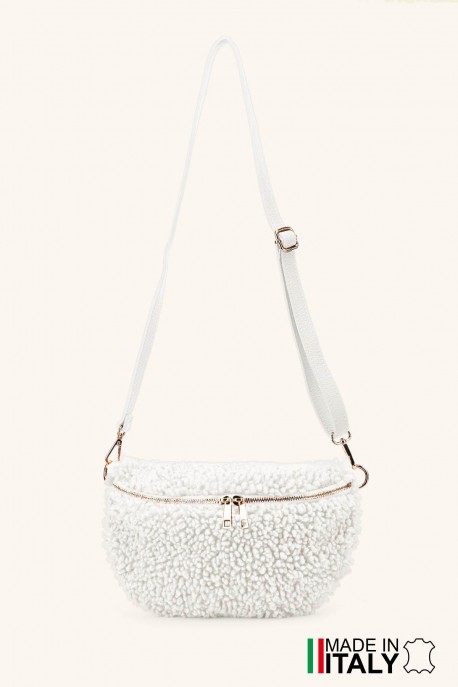 Synthetic sheepskin wool small size fanny pack with leather shoulder strap ZE-9011-VQ : colour:White