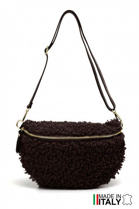 Synthetic sheepskin wool fanny pack XL size with leather shoulder strap ZE-9008 : colour:Chocolat
