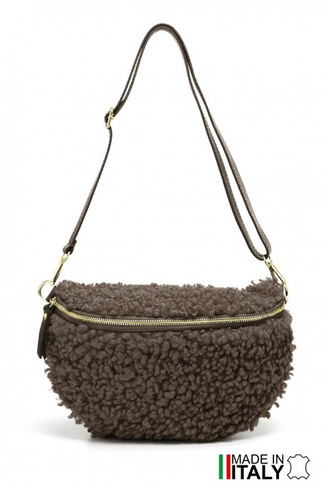 Synthetic sheepskin wool fanny pack XL size with leather shoulder strap ZE-9008 : colour:Taupe fonc&eacute;