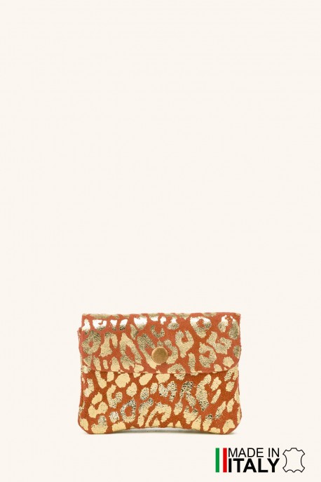 Porte-monnaie Pochette imprimé léopard dorée cuir façon nubuck ZE-8001-LP002-GD : couleur:Brique (Teja)