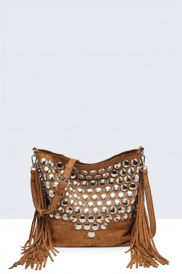 12772-BV Bohemian-style bucket shoulder bag with fringe and studs