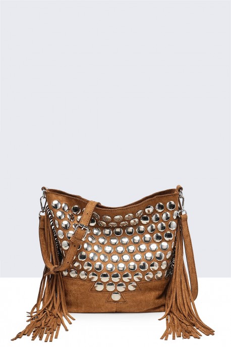 12772-BV Sac Bandoulière seau à frange et clous style Bohème : couleur:Marron (Brown)