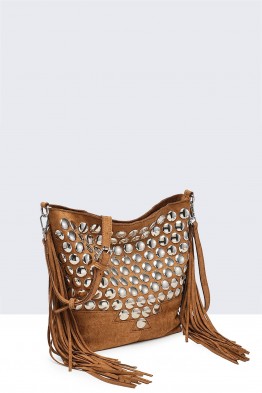 12772-BV Sac Bandoulière seau à frange et clous style Bohème