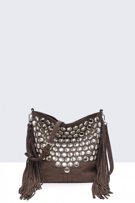 12772-BV Sac Bandoulière seau à frange et clous style Bohème