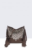 12772-BV Sac Bandoulière seau à frange et clous style Bohème