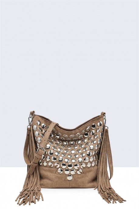 12772-BV Sac Bandoulière seau à frange et clous style Bohème : couleur:Kaki (Khaki)