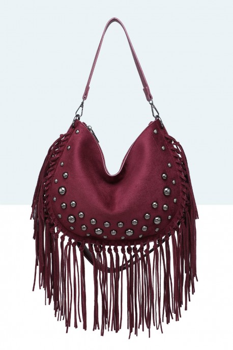28935-BV Sac épaule à frange et clous style Bohème : couleur:Rouge vin (Wine)