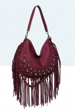 28935-BV Sac épaule à frange et clous style Bohème
