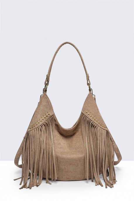 28936-BV Bohemian-style shoulder bag with fringe and studs
