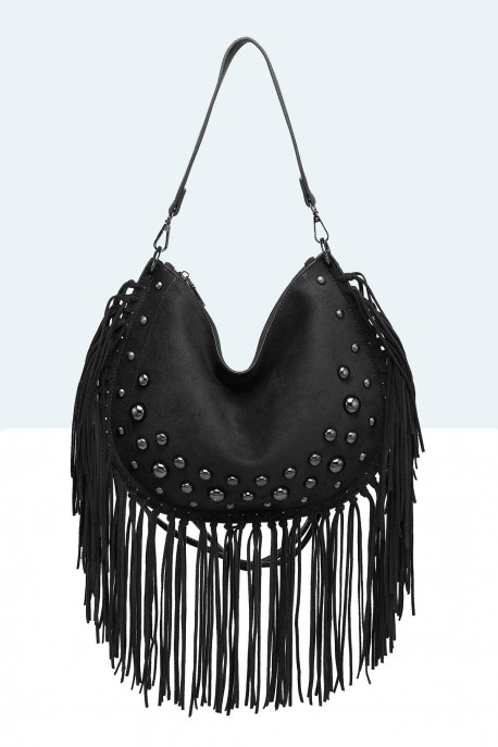 28935-BV Sac épaule à frange et clous style Bohème : couleur:Noir (Black)