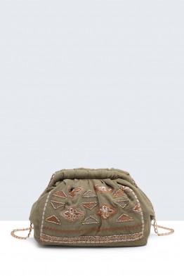 S9528-1-BV Sac à fermoir bandoulière en lin avec chaîne paillette style bohème