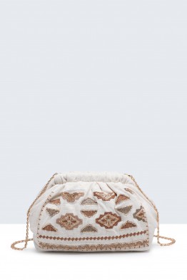 S9528-1-BV Sac à fermoir bandoulière en lin avec chaîne paillette style bohème