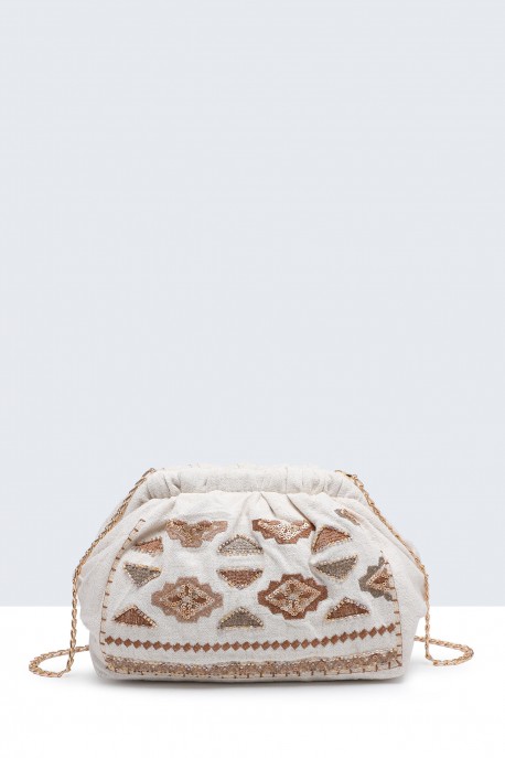 S9528-1-BV Bohemian style linen shoulder bag with sequined chain closure
