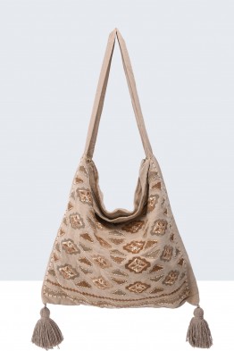 S9528-3-BV Sac épaule en lin avec paillette style bohème
