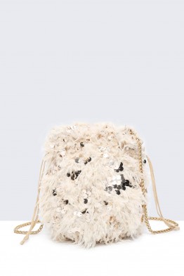 28562-BV Sequin feather shoulder bag in purse/bucket shape