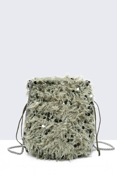 28562-BV Sequin feather shoulder bag in purse bucket shape : colour:Green