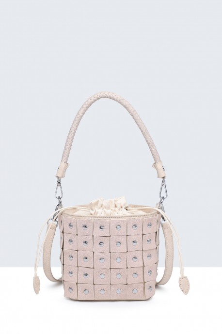 H250110-BV Leather bucket bag with studded armour design