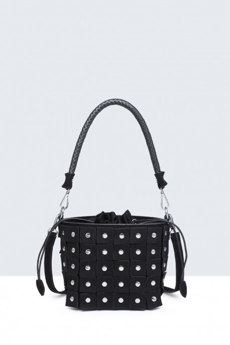 H250110-BV Leather bucket bag with studded armour design : colour:Black