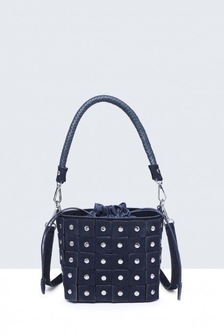 H250110-BV Leather bucket bag with studded armour design : colour:Blue
