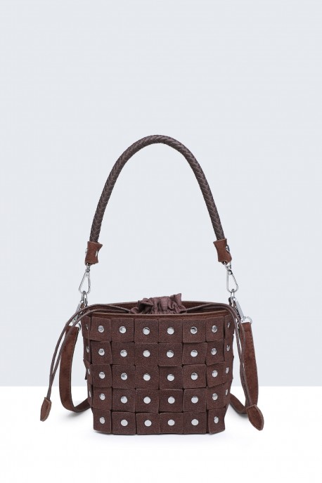 H250110-BV Leather bucket bag with studded armour design : colour:Coffee