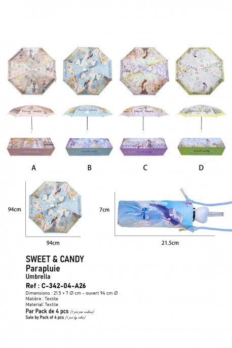 Parapluie pliant manuel housse avec lanière Sweet & Candy C-342-04-A26 : Motif:Pack de 4