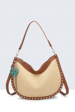 28973-BV Polypropylene straw woven handbag with studs