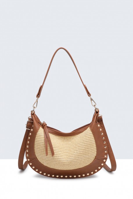 28975-BV Polypropylene straw woven handbag with studs