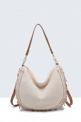 28990-BV Polypropylene straw woven handbag with seashells