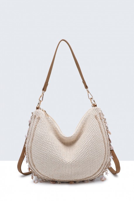 28990-BV Polypropylene straw woven handbag with shells